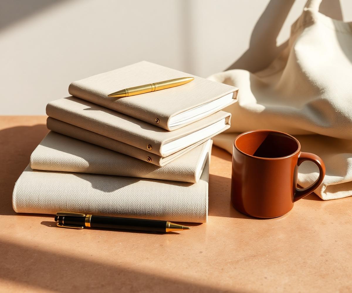 Composición de libretas, pluma y taza de Aura Creativa